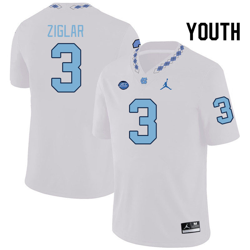 Youth #3 Malcolm Ziglar North Carolina Tar Heels College Football Jerseys Stitched-White